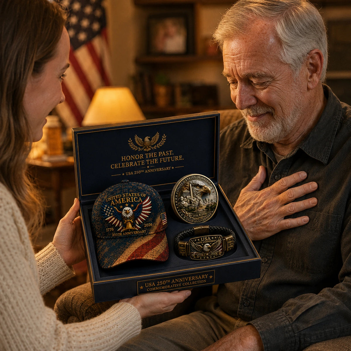 🔥Today Only: FREE Collector Coin🔥| USA 250th Anniversary Patriotic Eagle 3-Piece Gift Set – Embroidered Cap, Coin & Bracelet