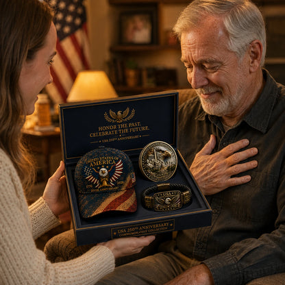 🔥Today Only: FREE Collector Coin🔥| USA 250th Anniversary Patriotic Eagle 3-Piece Gift Set – Embroidered Cap, Coin & Bracelet