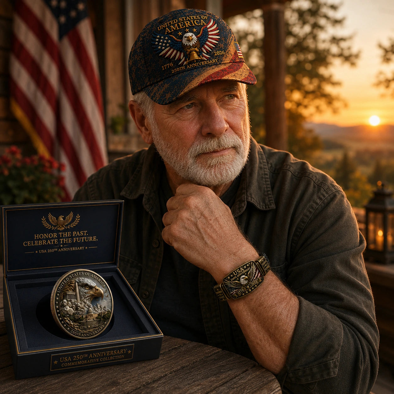 🔥Today Only: FREE Collector Coin🔥| USA 250th Anniversary Patriotic Eagle 3-Piece Gift Set – Embroidered Cap, Coin & Bracelet