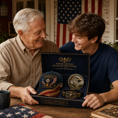 🔥Today Only: FREE Collector Coin🔥| USA 250th Anniversary Patriotic Eagle 3-Piece Gift Set – Embroidered Cap, Coin & Bracelet