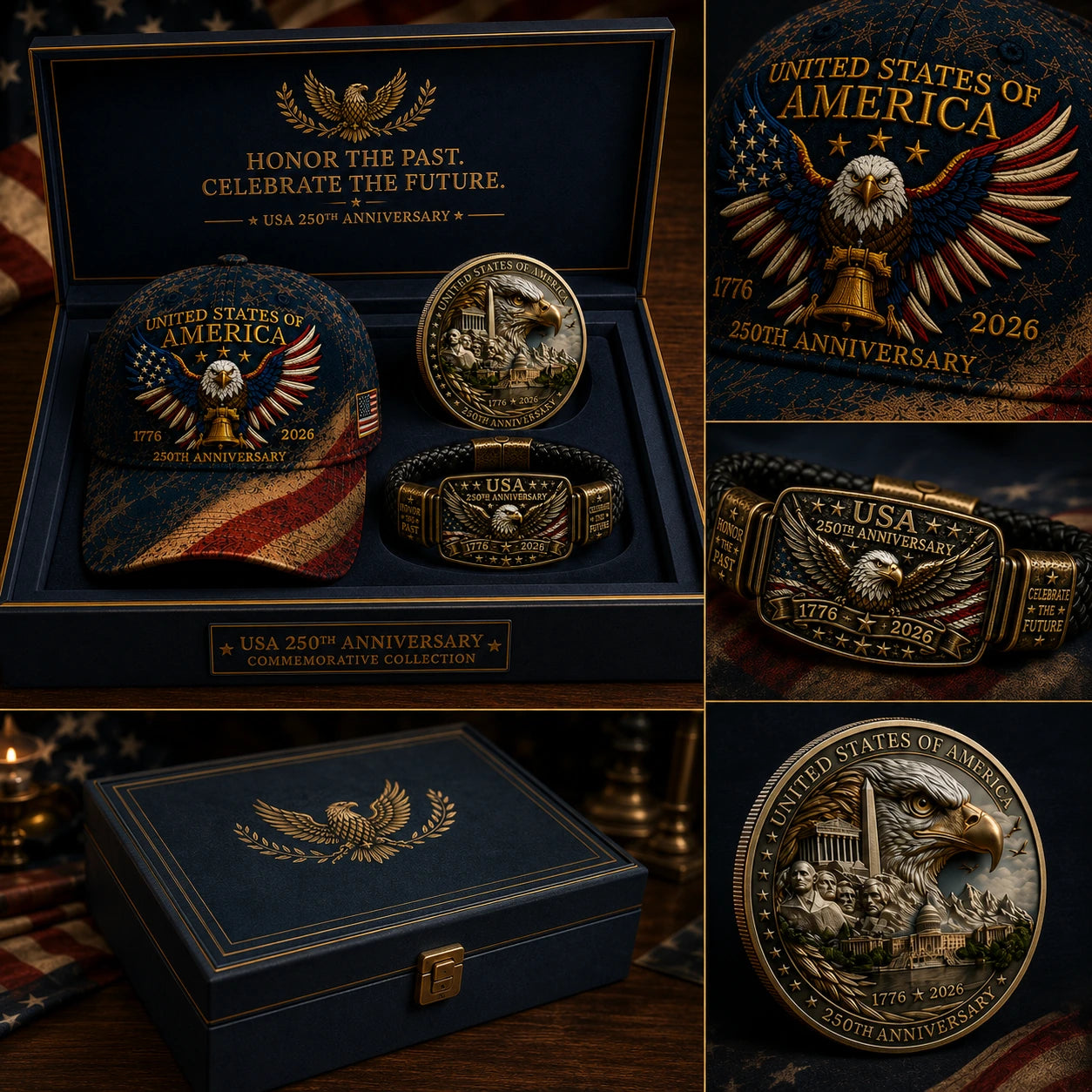 🔥Today Only: FREE Collector Coin🔥| USA 250th Anniversary Patriotic Eagle 3-Piece Gift Set – Embroidered Cap, Coin & Bracelet