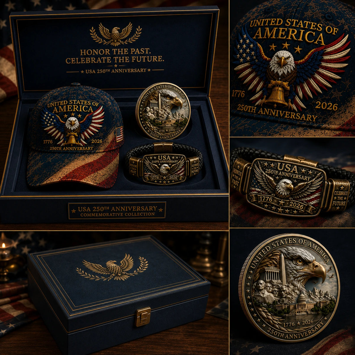 🔥Today Only: FREE Collector Coin🔥| USA 250th Anniversary Patriotic Eagle 3-Piece Gift Set – Embroidered Cap, Coin & Bracelet