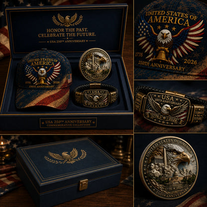 🔥Today Only: FREE Collector Coin🔥| USA 250th Anniversary Patriotic Eagle 3-Piece Gift Set – Embroidered Cap, Coin & Bracelet