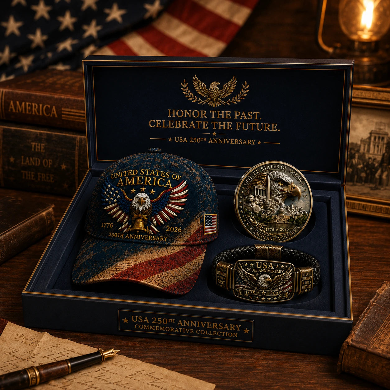 🔥Today Only: FREE Collector Coin🔥| USA 250th Anniversary Patriotic Eagle 3-Piece Gift Set – Embroidered Cap, Coin & Bracelet