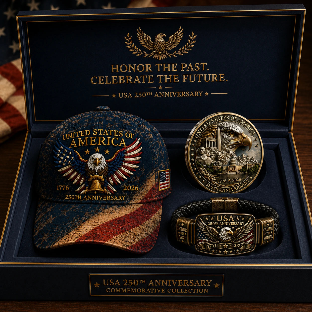 🔥Today Only: FREE Collector Coin🔥| USA 250th Anniversary Patriotic Eagle 3-Piece Gift Set – Embroidered Cap, Coin & Bracelet