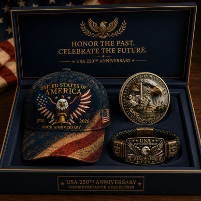 🔥Today Only: FREE Collector Coin🔥| USA 250th Anniversary Patriotic Eagle 3-Piece Gift Set – Embroidered Cap, Coin & Bracelet