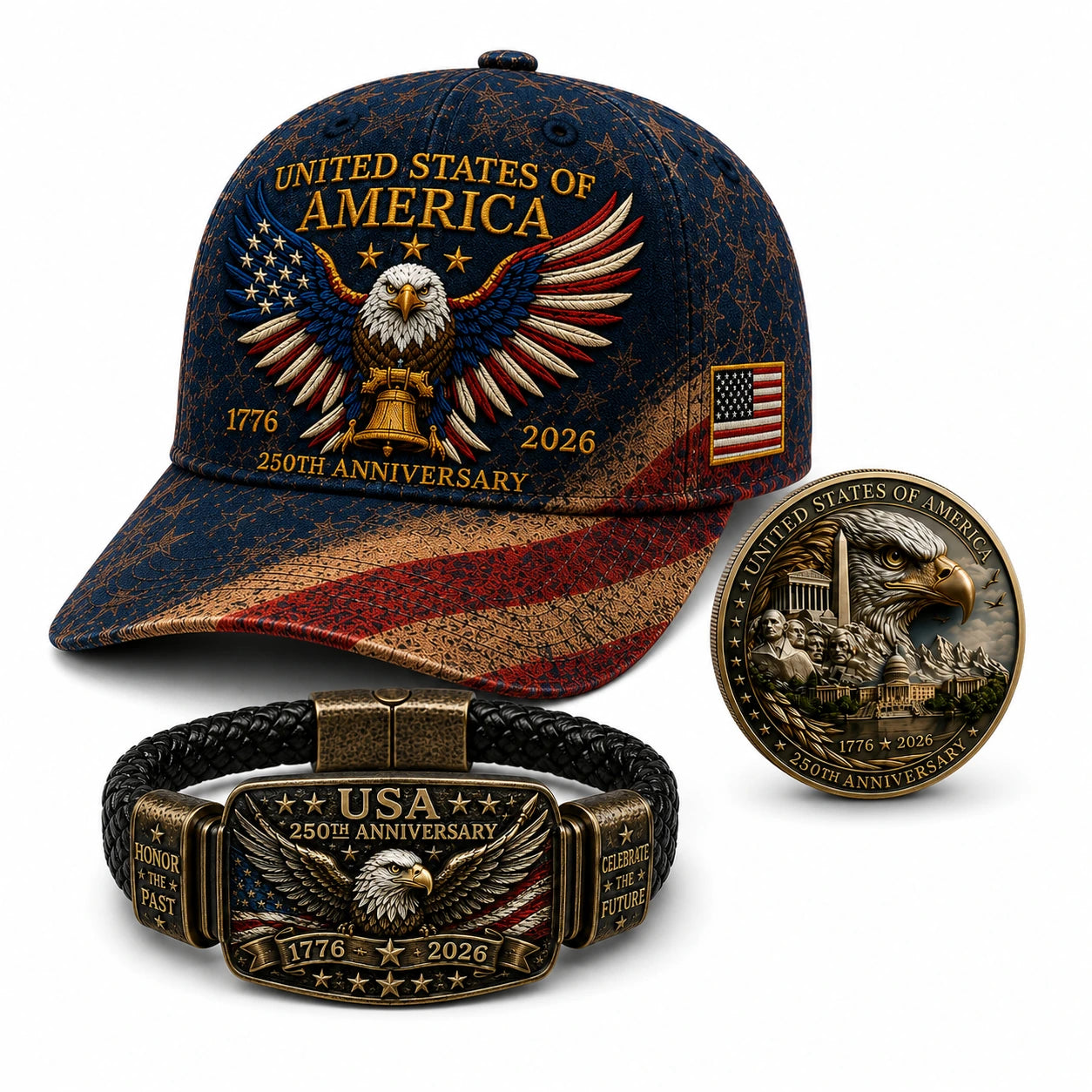 🔥Today Only: FREE Collector Coin🔥| USA 250th Anniversary Patriotic Eagle 3-Piece Gift Set – Embroidered Cap, Coin & Bracelet