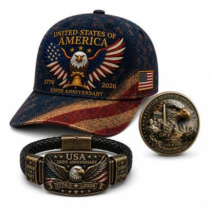 🔥Today Only: FREE Collector Coin🔥| USA 250th Anniversary Patriotic Eagle 3-Piece Gift Set – Embroidered Cap, Coin & Bracelet