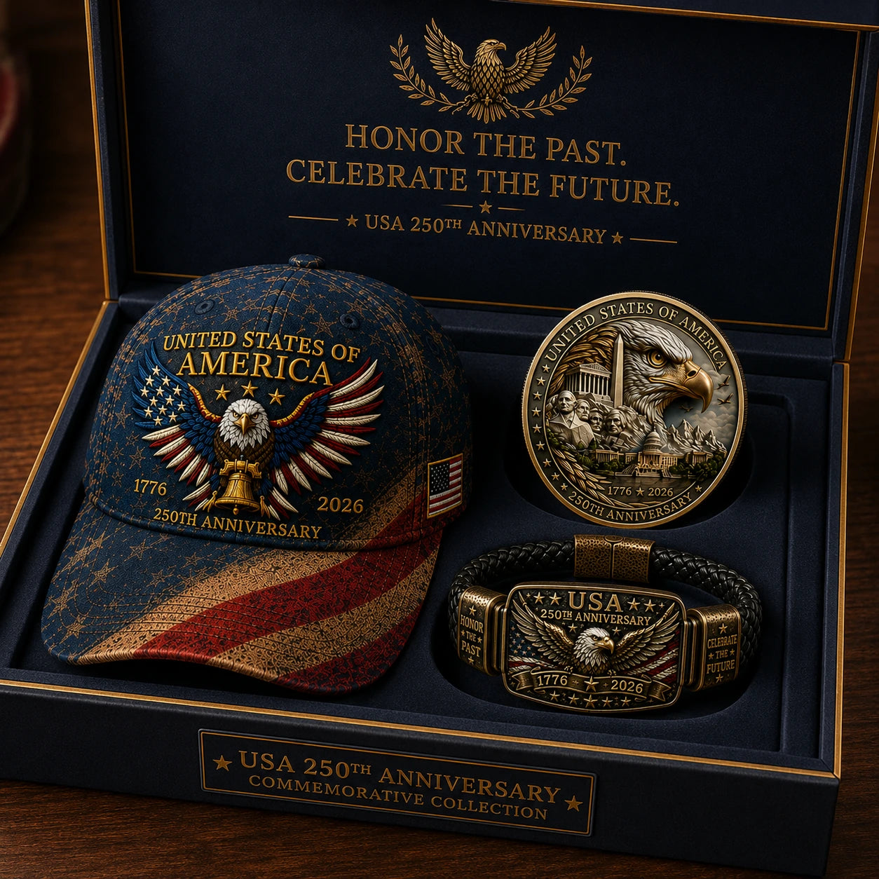 🔥Today Only: FREE Collector Coin🔥| USA 250th Anniversary Patriotic Eagle 3-Piece Gift Set – Embroidered Cap, Coin & Bracelet