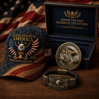 🔥Today Only: FREE Collector Coin🔥| USA 250th Anniversary Patriotic Eagle 3-Piece Gift Set – Embroidered Cap, Coin & Bracelet