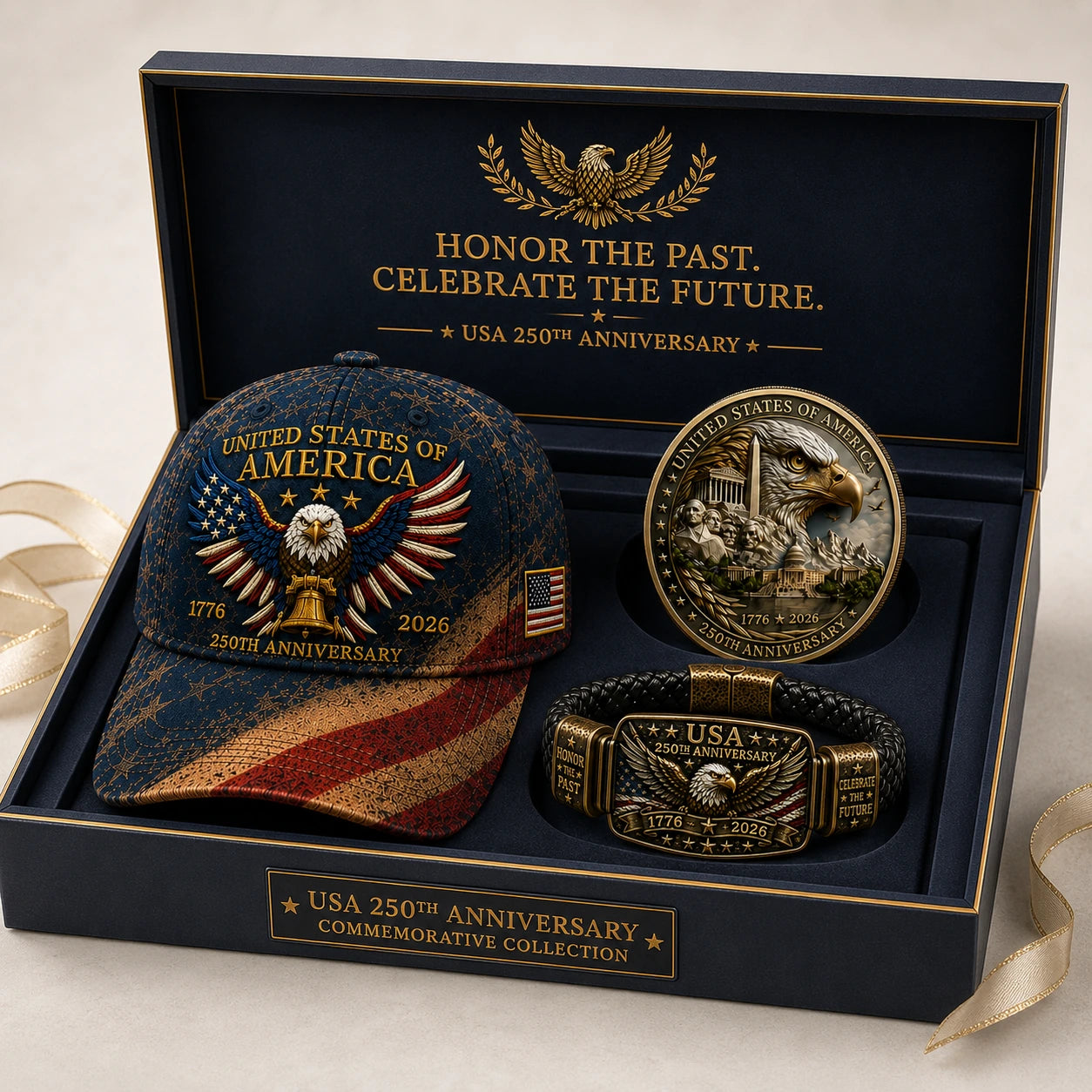 🔥Today Only: FREE Collector Coin🔥| USA 250th Anniversary Patriotic Eagle 3-Piece Gift Set – Embroidered Cap, Coin & Bracelet