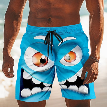 Men's 3D Cartoon Smile Face Big Eyes Swim Trunks Swim Shorts Board Shorts Mid Waist Funny Outdoor Vacation Dailywear Side Pockets Mesh Lining Elastic Drawstring Waist Designer Clothing Apparel